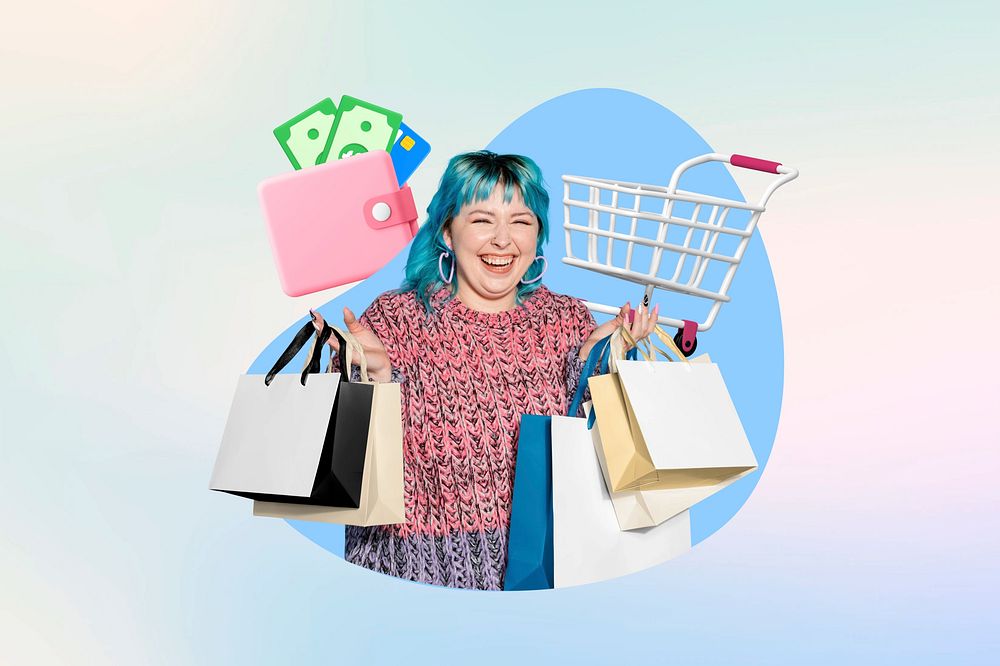 Shopping teen woman, pastel design, 3D remix