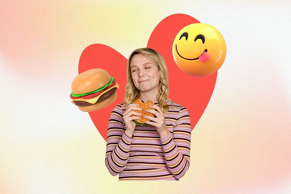 Teenage woman eats burger, pastel design, 3D remix