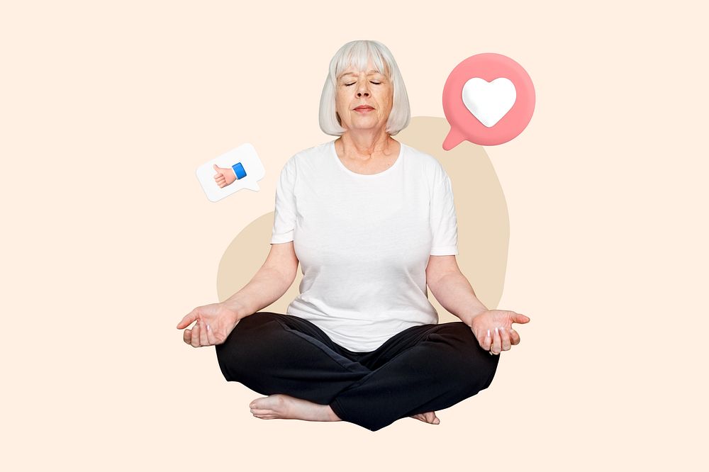 Meditation, old woman on pastel design, 3D remix