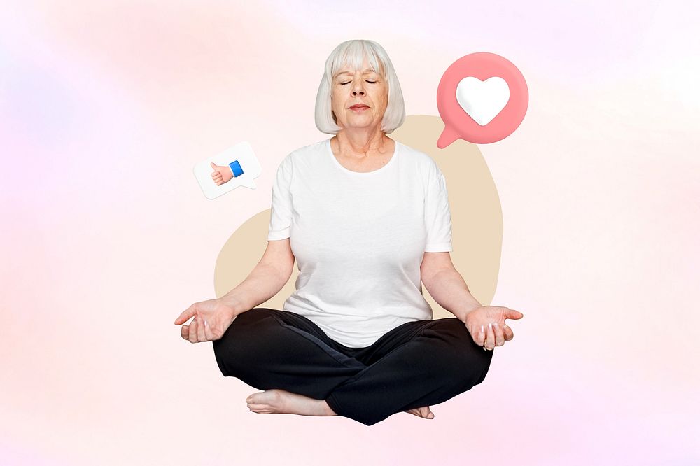Meditation, old woman on pastel design, 3D remix