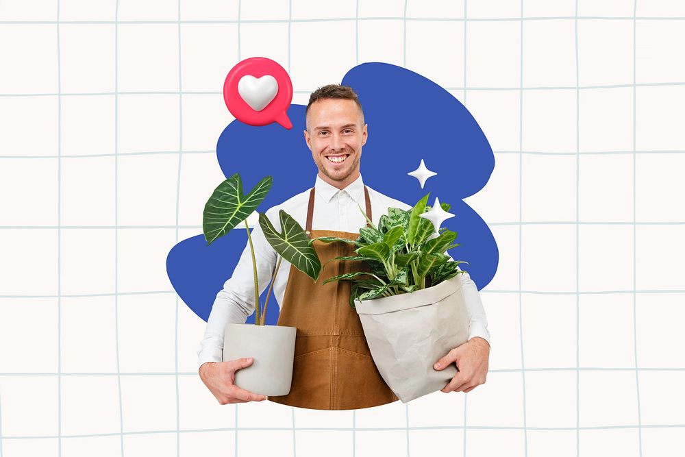 Man and plant, grid design, small business 3D remix