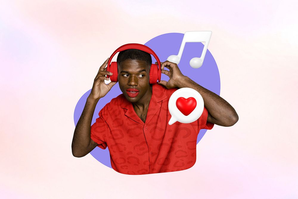 Man listening to music, pastel design, 3D remix