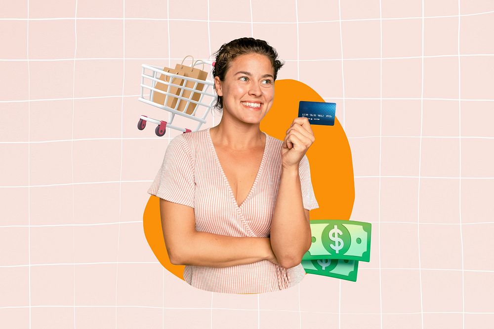 Woman shopping with credit card, 3D remix, grid design