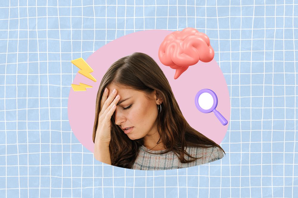 Businesswoman having headache, creative health remix