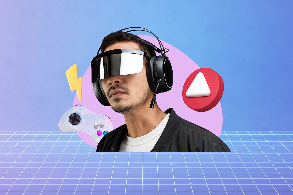 Man wearing smart glasses, creative gaming remix