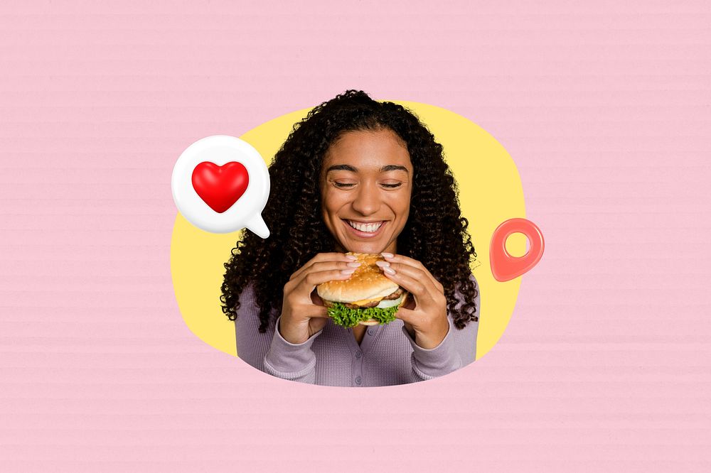 Woman eating burger, creative food remix