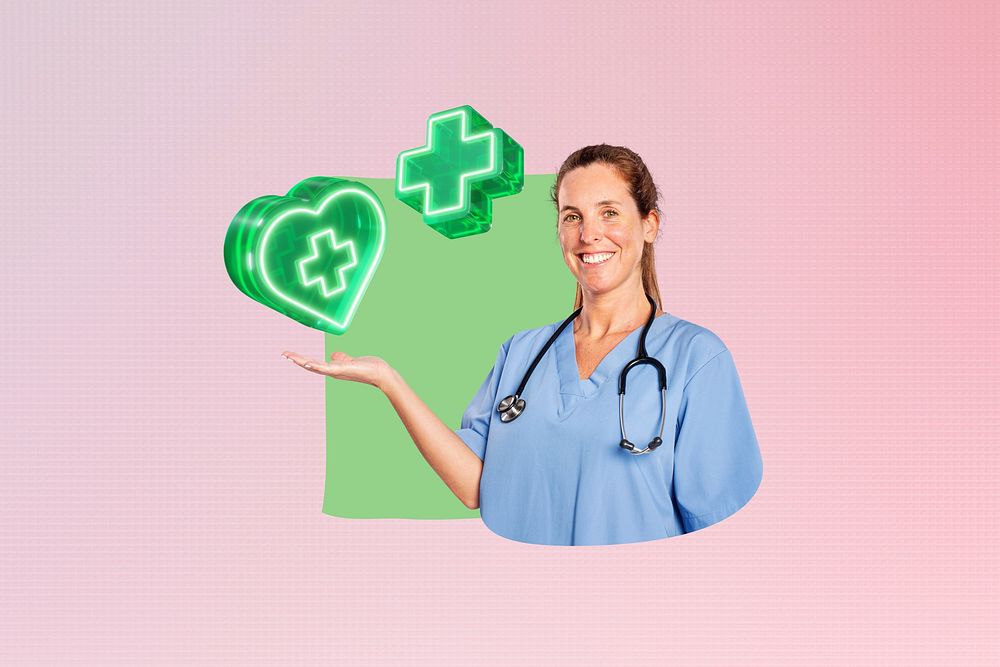 Woman doctor smiling, creative healthcare remix