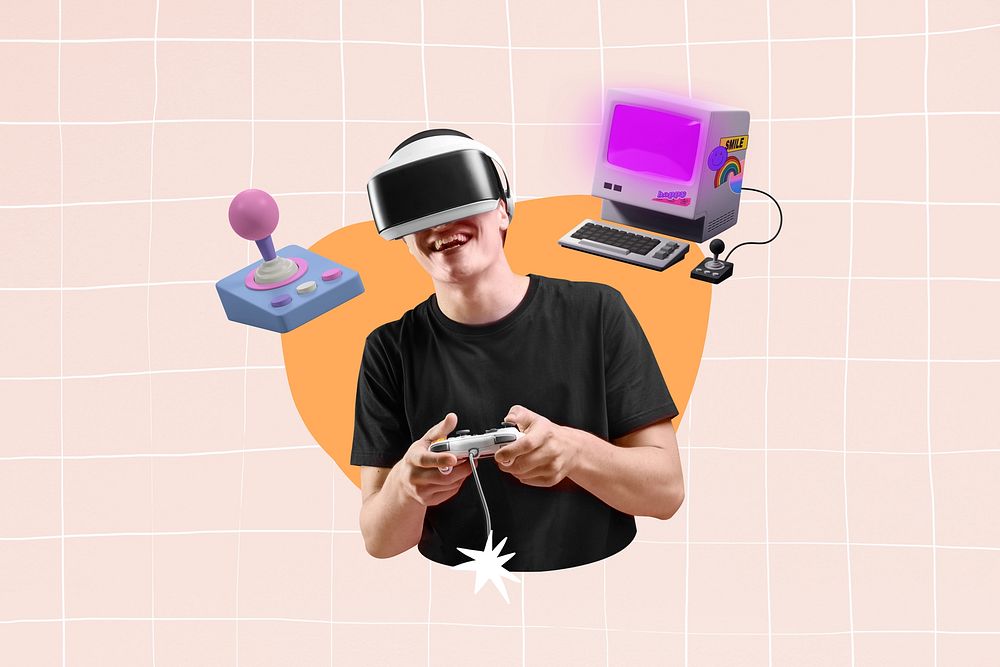 Man playing VR game, creative remix
