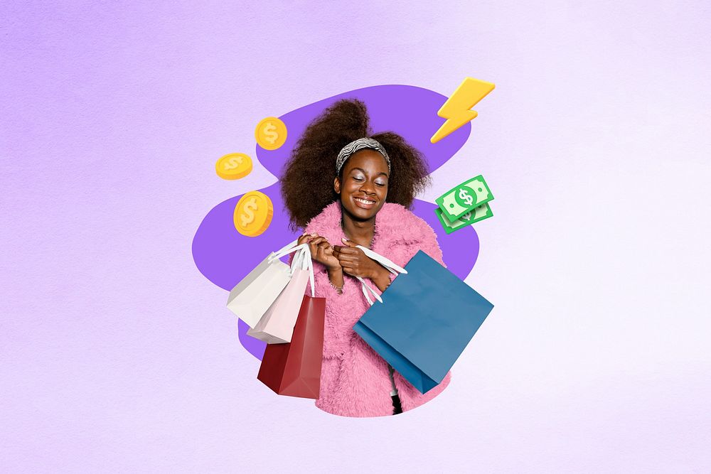 Woman holding shopping bags, creative remix