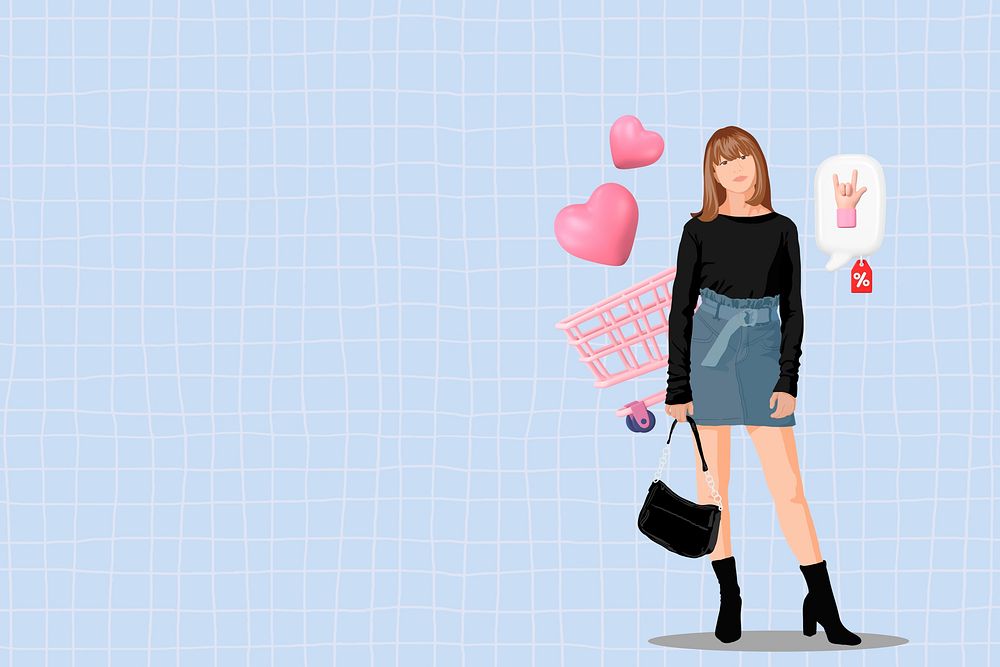 Woman shopping blue background, 3d remix vector illustration