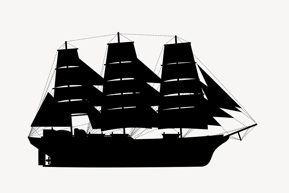 Junk ancient Chinese ship silhouette collage element vector