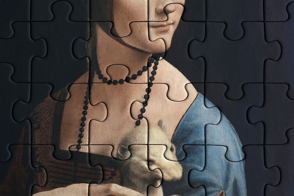 Jigsaw puzzle mockup psd. Artwork by Da Vinci remixed by rawpixel.