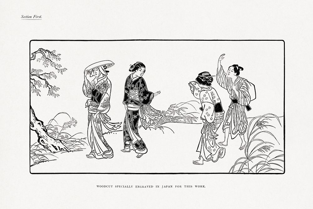 Japanese women walking, vintage Japanese woodcut illustration. Public domain image from our own original 1884 edition of The…