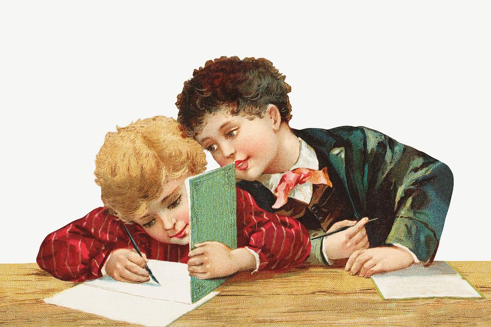 Boys doing homework, vintage illustration psd. Remixed by rawpixel. 