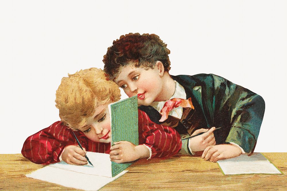 Vintage boys doing homework, chromolithograph illustration. Remixed by rawpixel. 