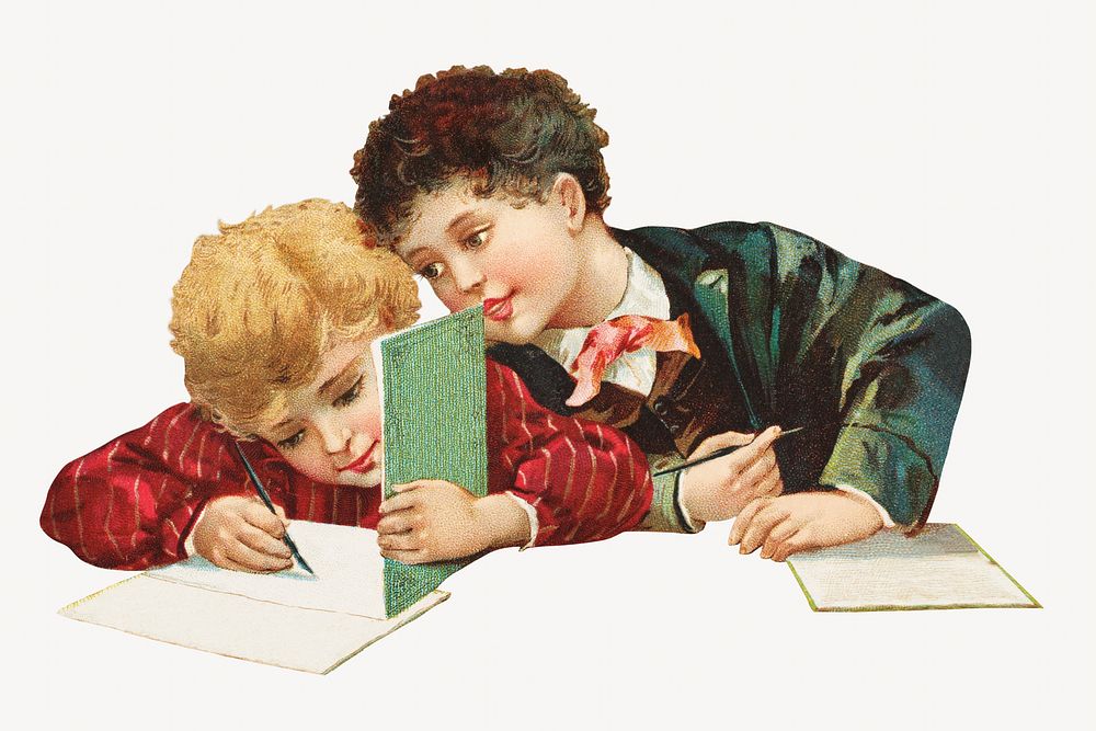 Vintage boys doing homework, chromolithograph illustration. Remixed by rawpixel. 