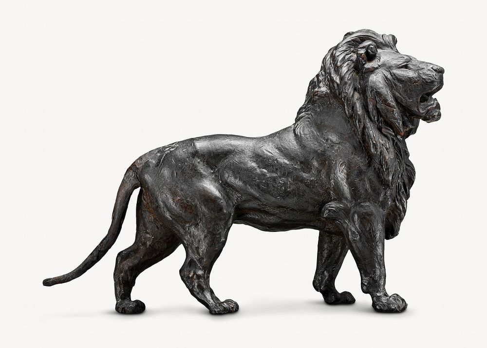 Standing lion statue, attributed to Antoine-Louis Barye. Remixed by rawpixel.