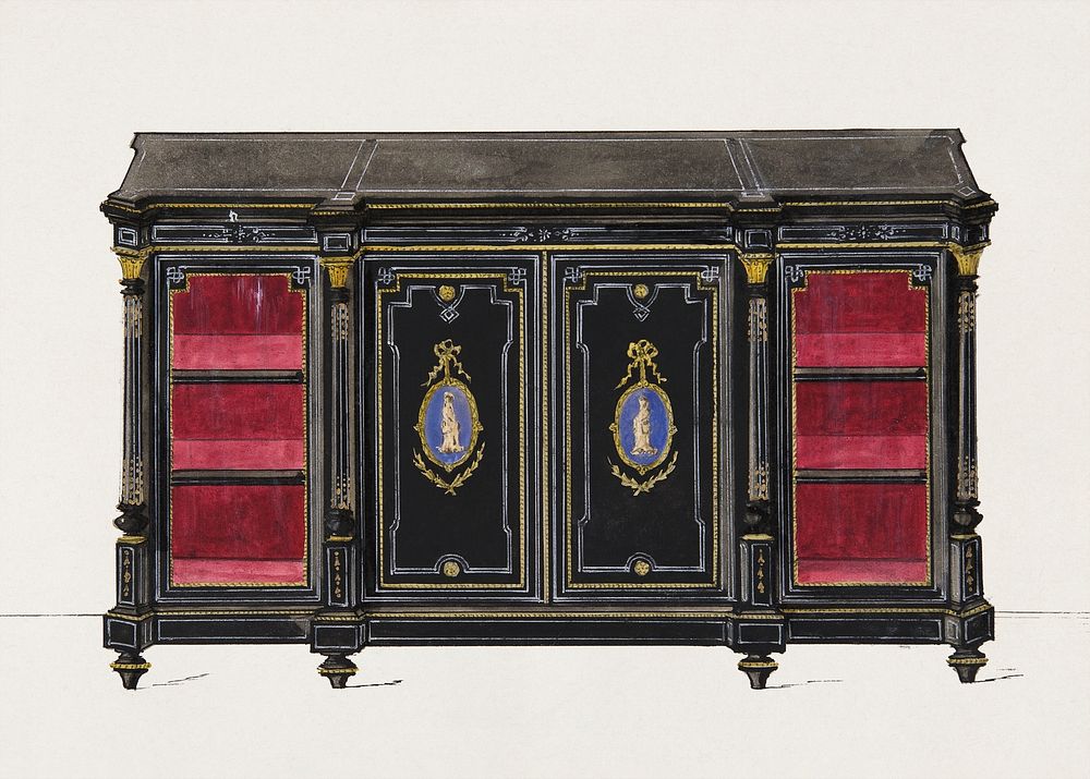 Cabinet Design with Porcelain Plaques and Red Interior (19th century), vintage furniture illustration. Original public…