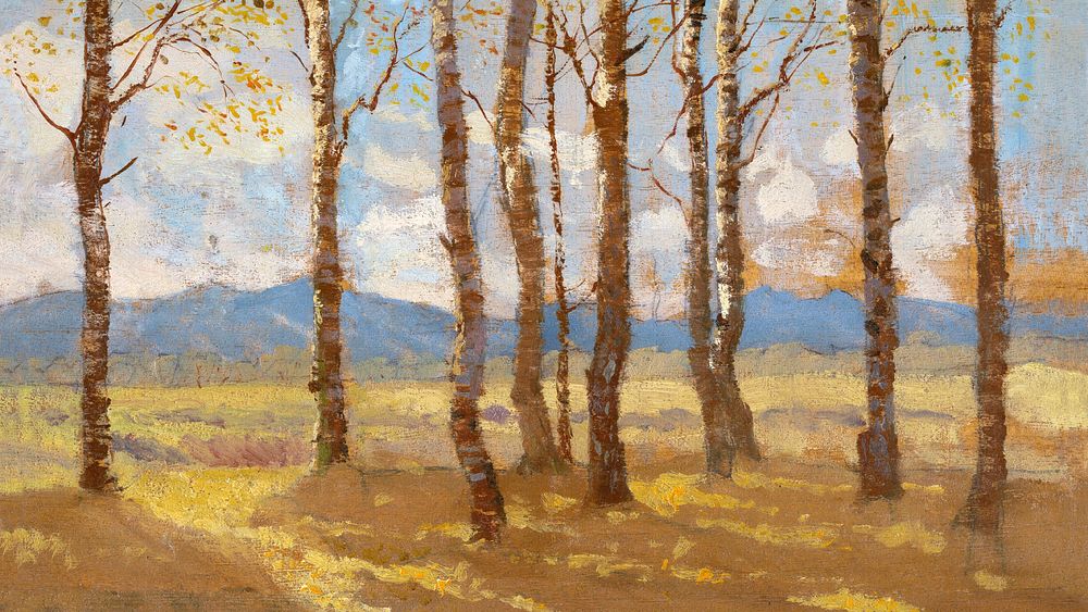 Birches in autumn HD wallpaper, aesthetic nature painting by Ferdinand Katona. Remixed by rawpixel.