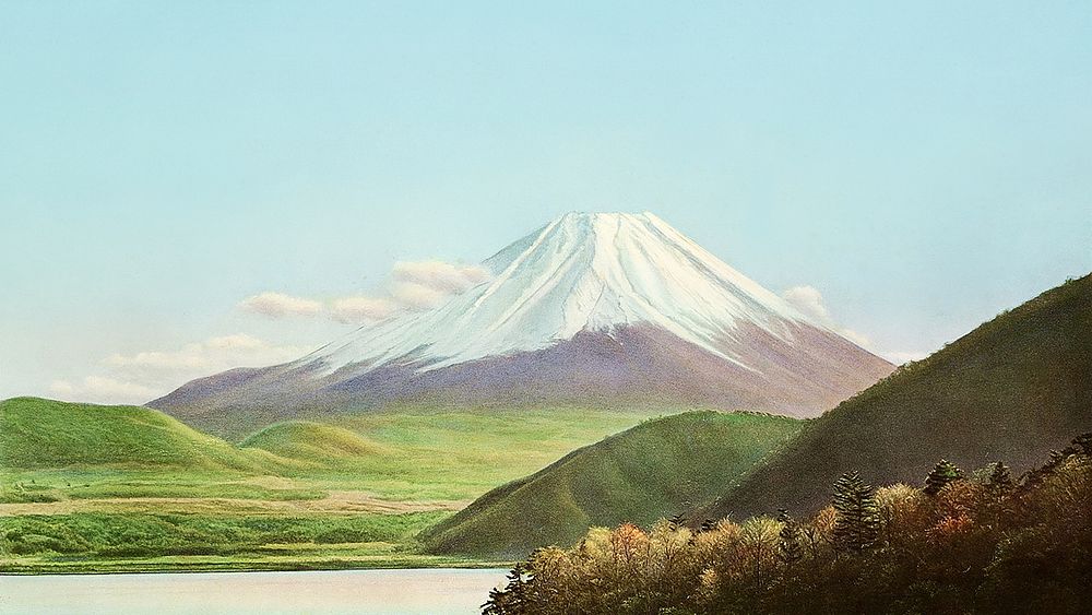 Mount Fuji HD wallpaper, vintage Japanese illustration. Remixed by rawpixel.