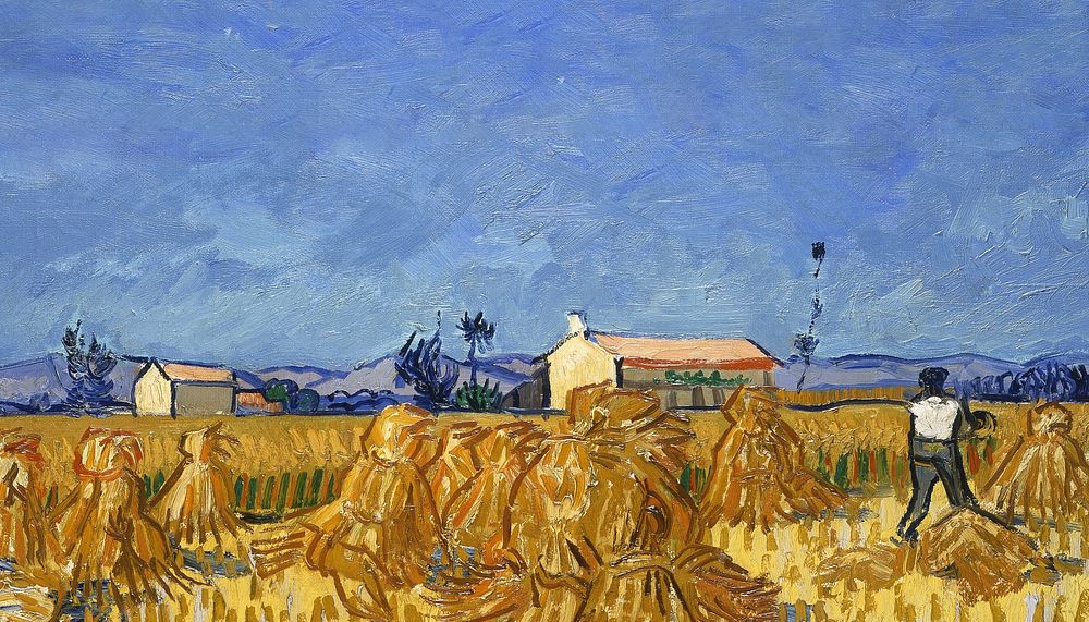 Van Gogh's farm background, Harvest in Provence painting. Remixed by rawpixel.