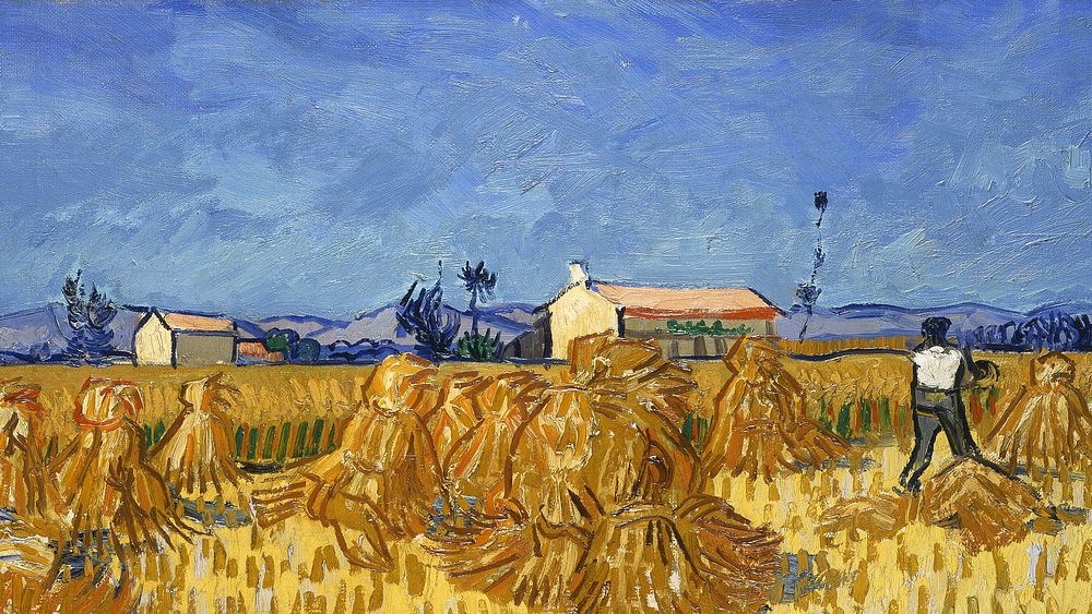 Van Gogh's farm HD wallpaper, Harvest in Provence painting. Remixed by rawpixel.