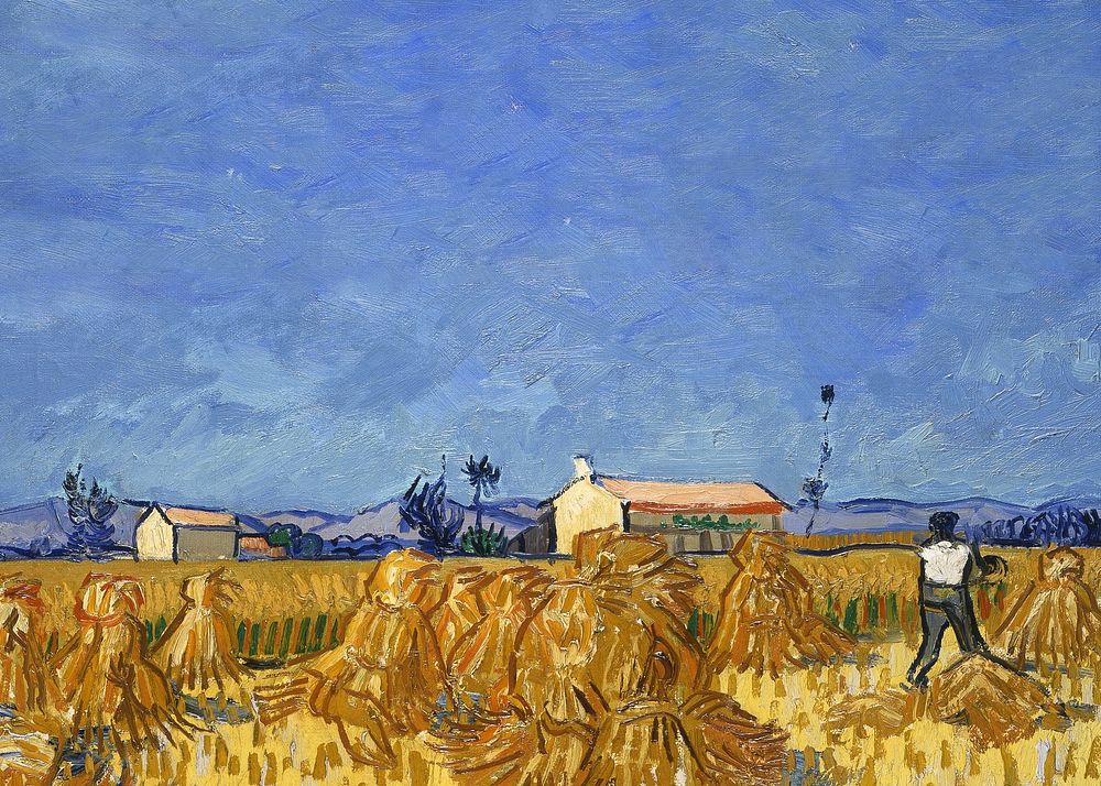 Van Gogh's farm background, Harvest in Provence painting. Remixed by rawpixel.