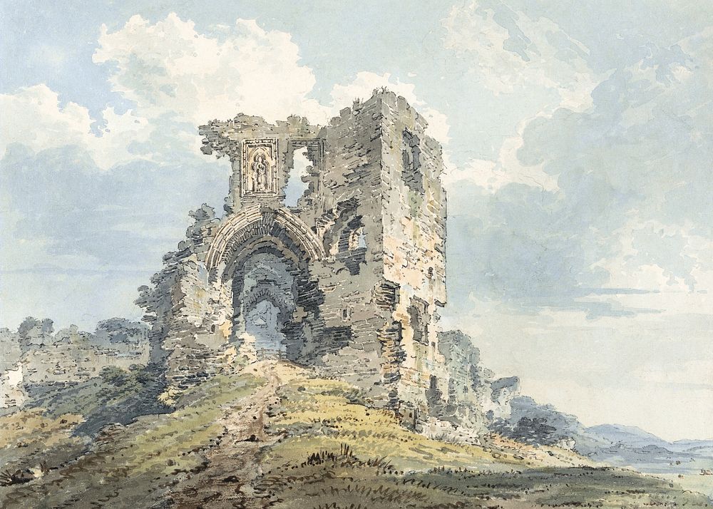 Denbigh Castle (1793), vintage architecture illustration by Thomas Girtin. Remixed by rawpixel.