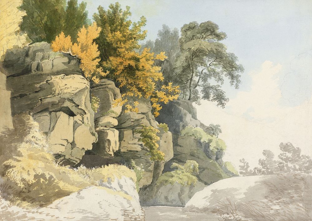 Wood rock mountains background, vintage nature illustration by William Day. Remixed by rawpixel.