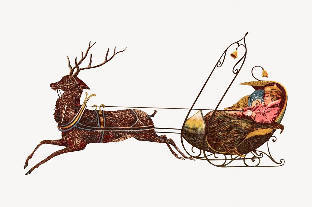 Christmas reindeer sleigh, vintage animal illustration. Remixed by rawpixel.
