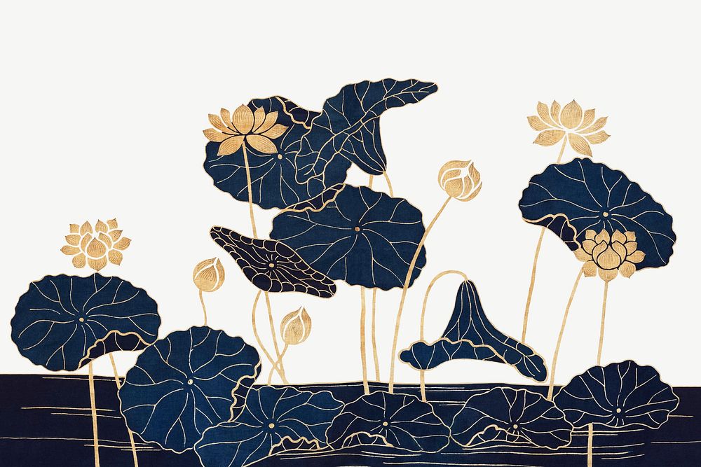 Lotus flower border psd, Japanese botanical illustration. Remixed by rawpixel.