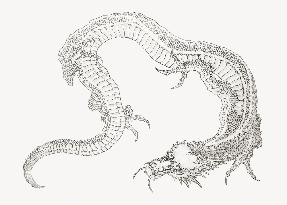 Katsushika Hokusai's Japanese dragon, mythical creature illustration. Remixed by rawpixel.