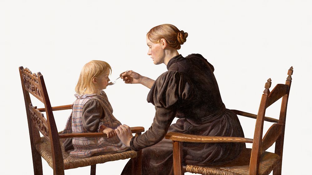Mother and Child, Victorian family painting by Fritz Syberg. Remixed by rawpixel.