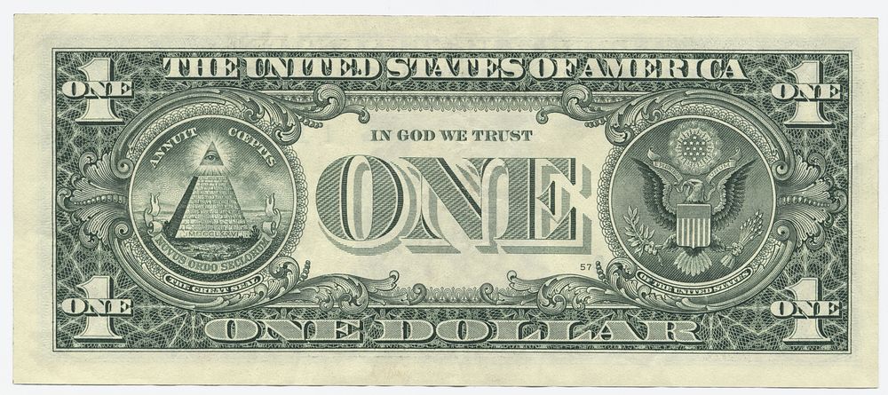 United States one dollar bill, reverse (2019). Original public domain image from Wikimedia Commons.  Digitally enhanced by…