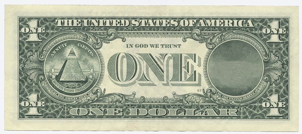 United States one dollar bill, reverse (2019). Original public domain image from Wikimedia Commons.  Digitally enhanced by…