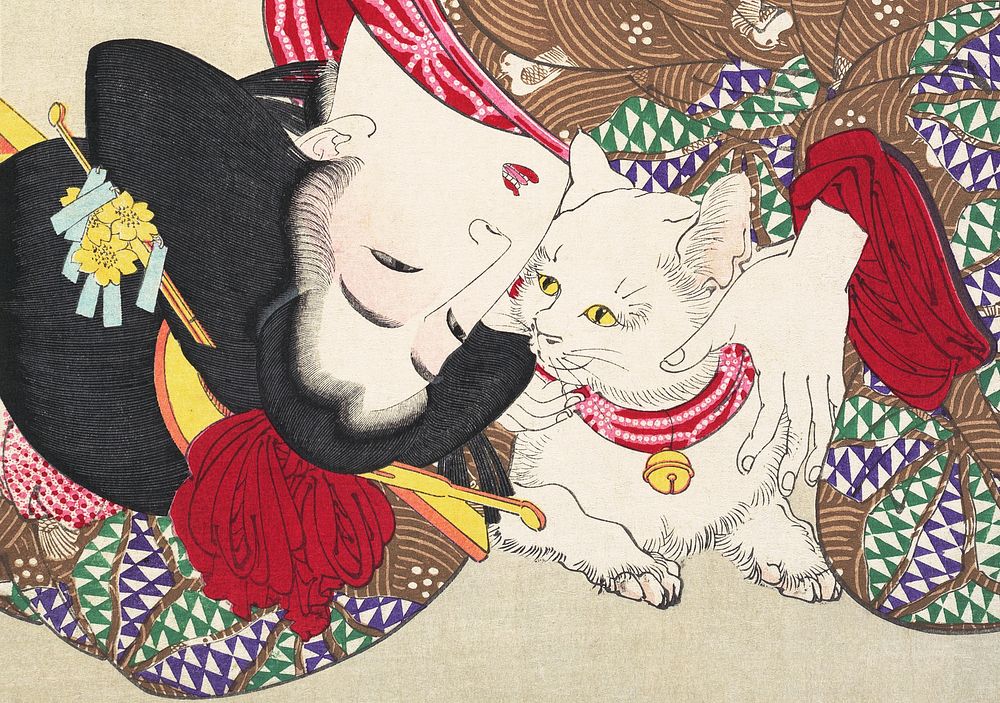 Japanese woman and cat art face detail (1888), vintage illustration by Yoshitoshi. Original public domain image from…
