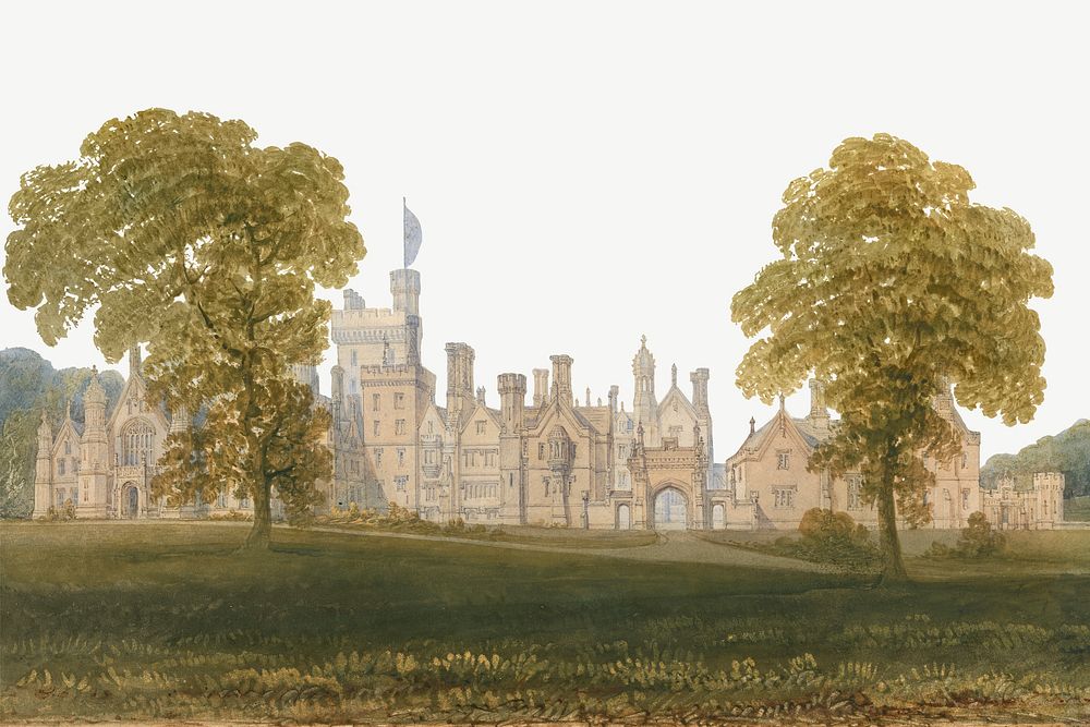 Costessy Hall, Norfolk border psd, vintage architecture illustration by John Chessell Buckler. Remixed by rawpixel.