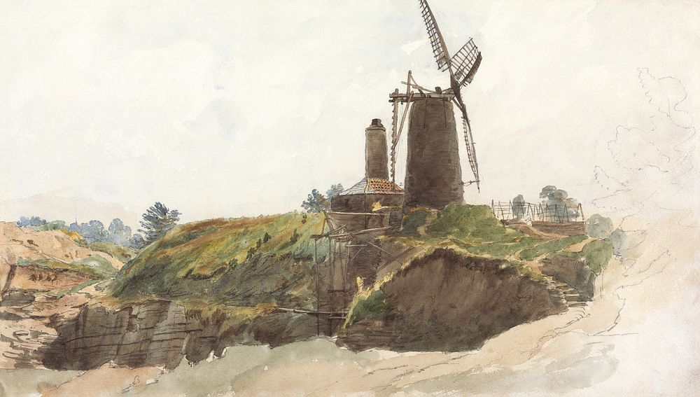 Landscape with Windmill (1811&ndash;1869), vintage illustration by Thomas Creswick. Original public domain image from Yale…