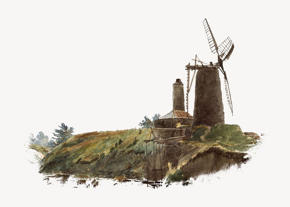 Landscape with Windmill, vintage illustration by Thomas Creswick. Remixed by rawpixel.
