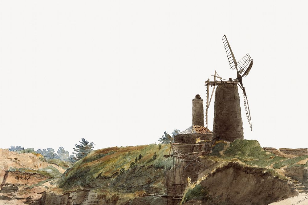 Landscape with Windmill border, vintage illustration by Thomas Creswick. Remixed by rawpixel.