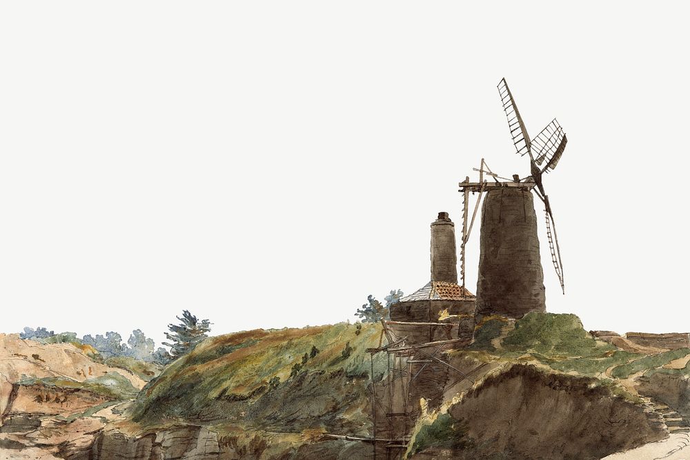 Landscape with Windmill border psd, vintage illustration by Thomas Creswick. Remixed by rawpixel.