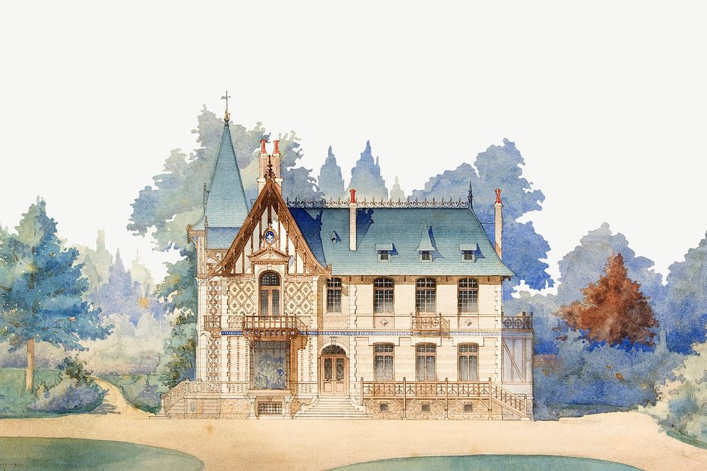 Vintage country house architecture watercolor art psd. Remixed by rawpixel.