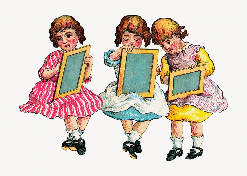 Little girls using chalkboards illustration. Remixed by rawpixel.