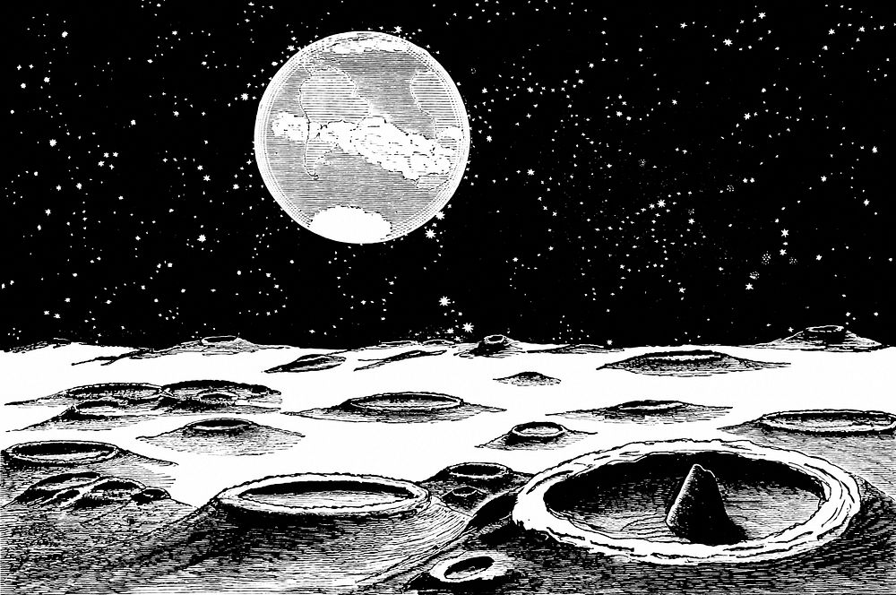 Lunar landscape (1872-1873) illustrated by Richard A. Proctor. Original public domain image from Wikimedia Commons.…