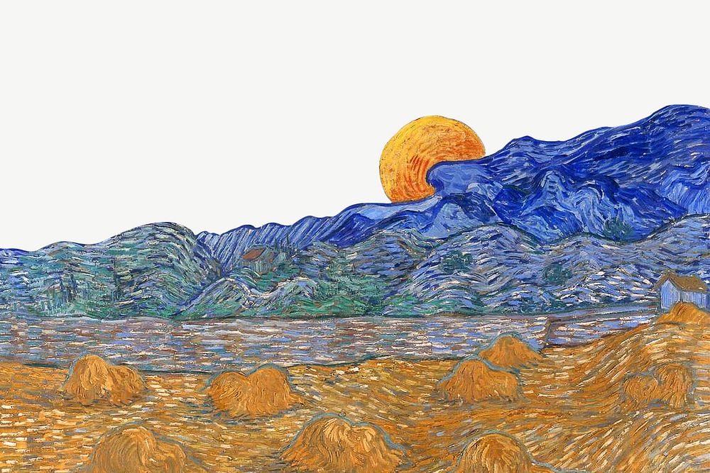 Vincent van Gogh's landscape with Wheat Sheaves and Rising Moon (1889) by Vincent van Gogh Remixed by rawpixel.