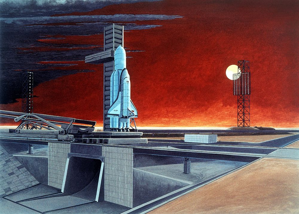 An artist's concept of a Soviet space shuttle and heavy-lift launch vehicle (Soviet Military Power) (1986) illustration.…