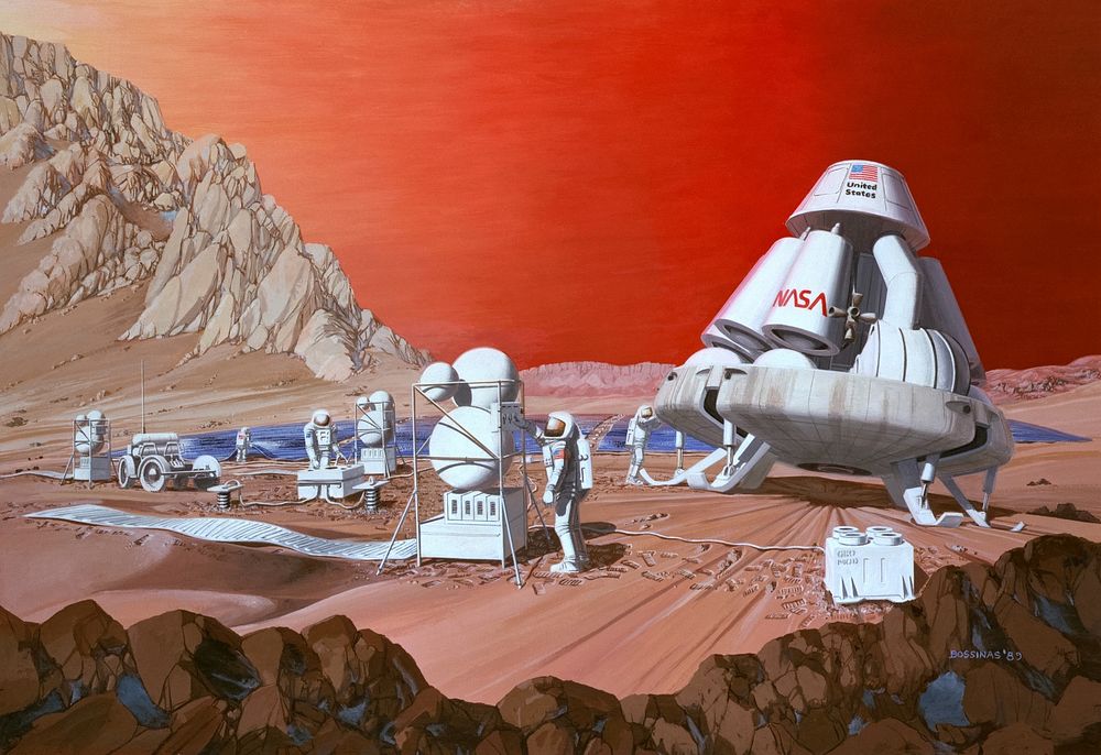 Mars mission (1989) illustrated by Les Bossinas of NASA Lewis Research Center. Original public domain image from Wikimedia…