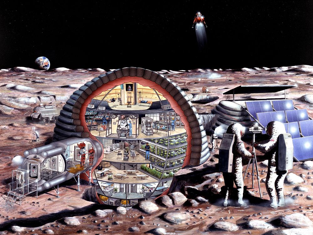 Inflatable module for lunar base (1989) illustrated by NASA, Kitmacher, Ciccora artists. Original public domain image from…