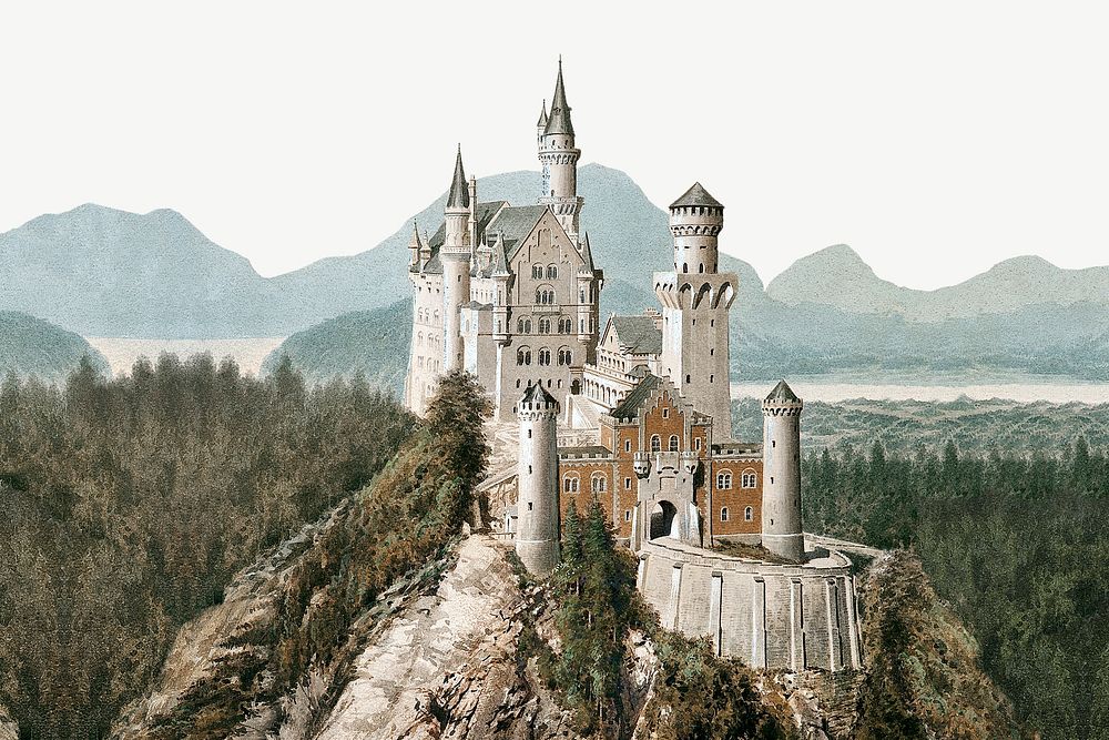 Neuschwanstein Castle architecture watercolor art illustration psd. Remixed by rawpixel.