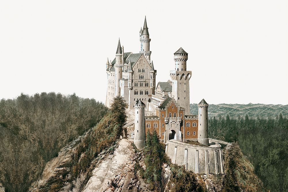 Neuschwanstein Castle architecture watercolor art illustration. Remixed by rawpixel.